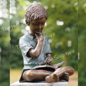 Outdoor Garden Sitting Bronze Children Reading Book Statue Brass Kid Sculpture