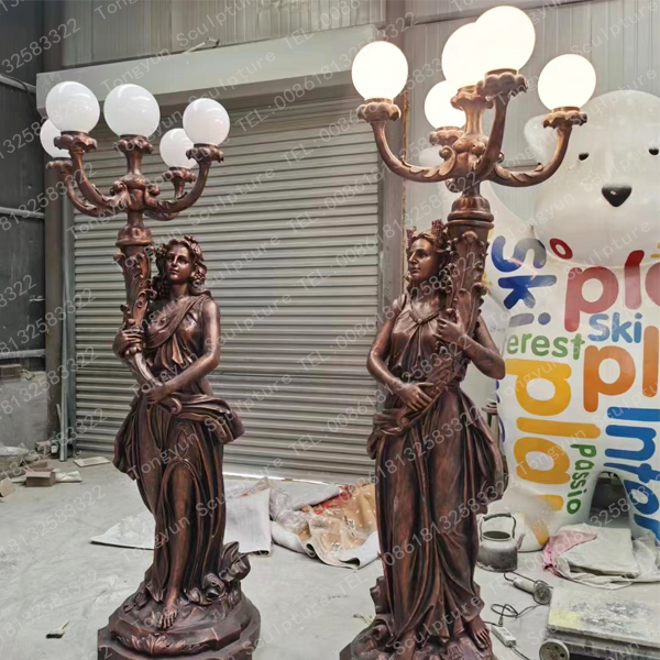 Life Size Decorative Antique Fiberglass Steel Lady Statue Holding Lamp Sculpture For Sale